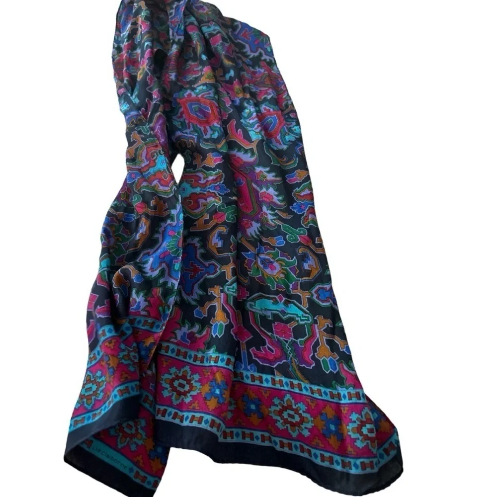 Scarf, geometric print in rich colors, oblong, silky feel. Vintage.